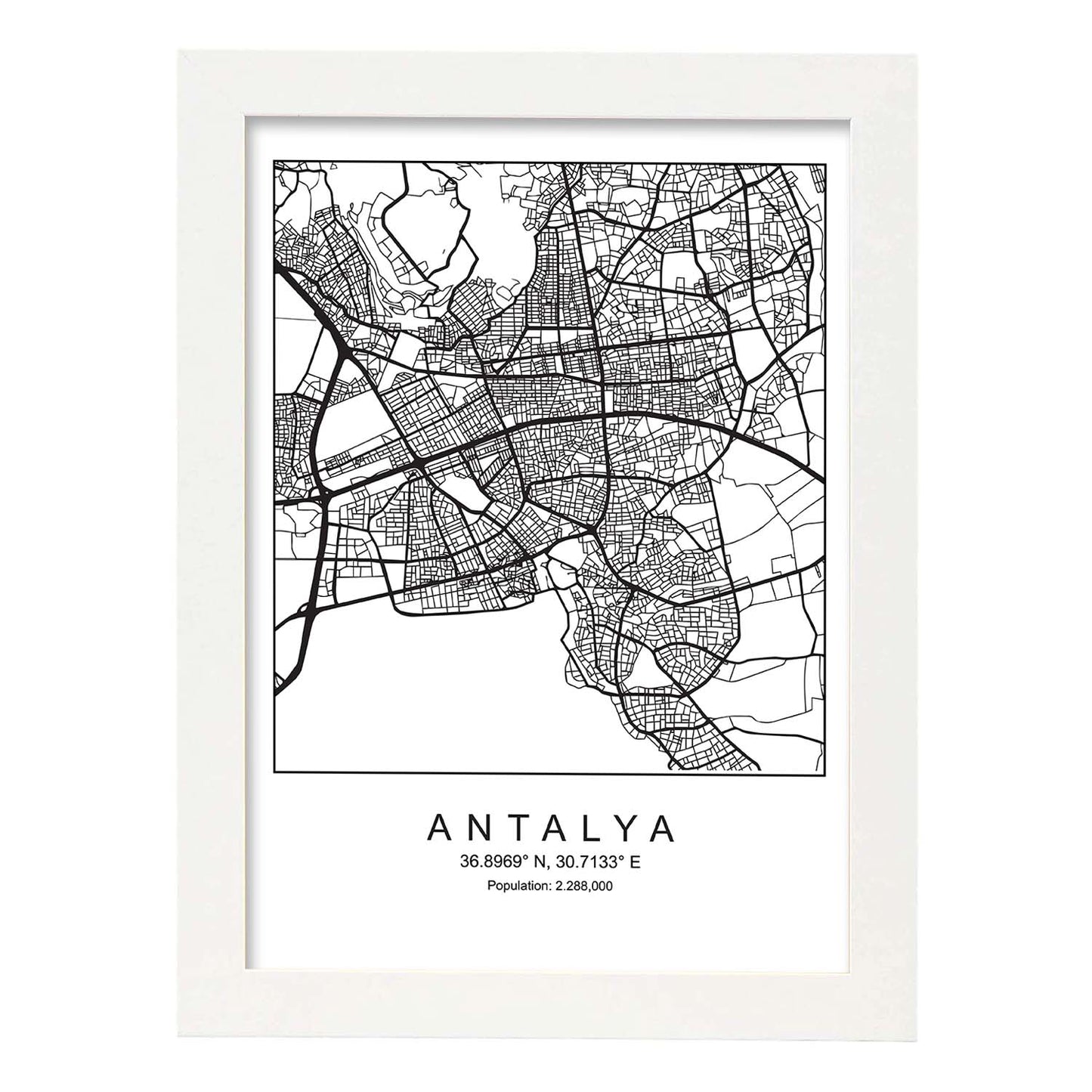 Lámina mapa de la ciudad Antalya estilo nordico en blanco y negro.-Artwork-Nacnic-A3-Marco Blanco-Nacnic Estudio SL