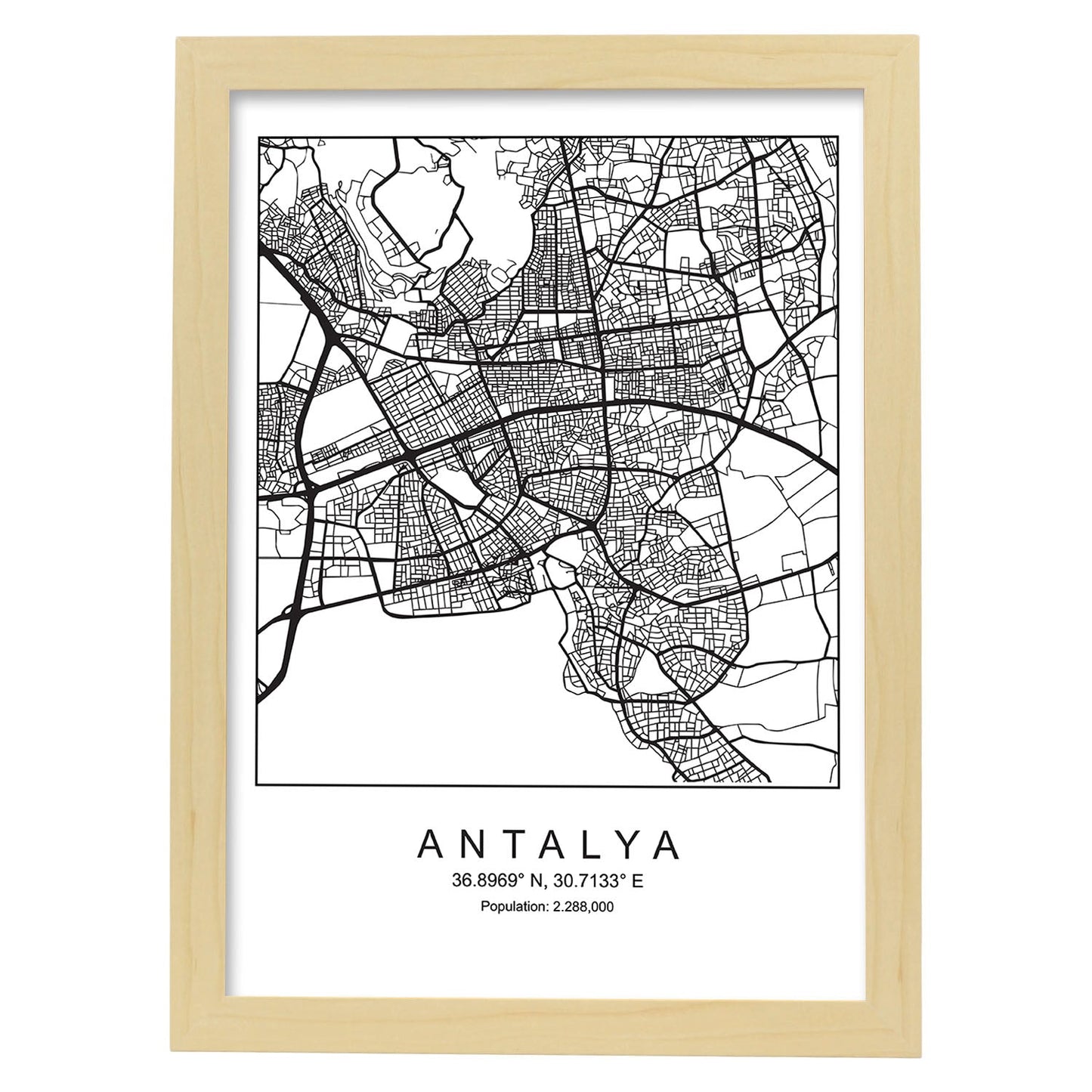 Lámina mapa de la ciudad Antalya estilo nordico en blanco y negro.-Artwork-Nacnic-A3-Marco Madera clara-Nacnic Estudio SL