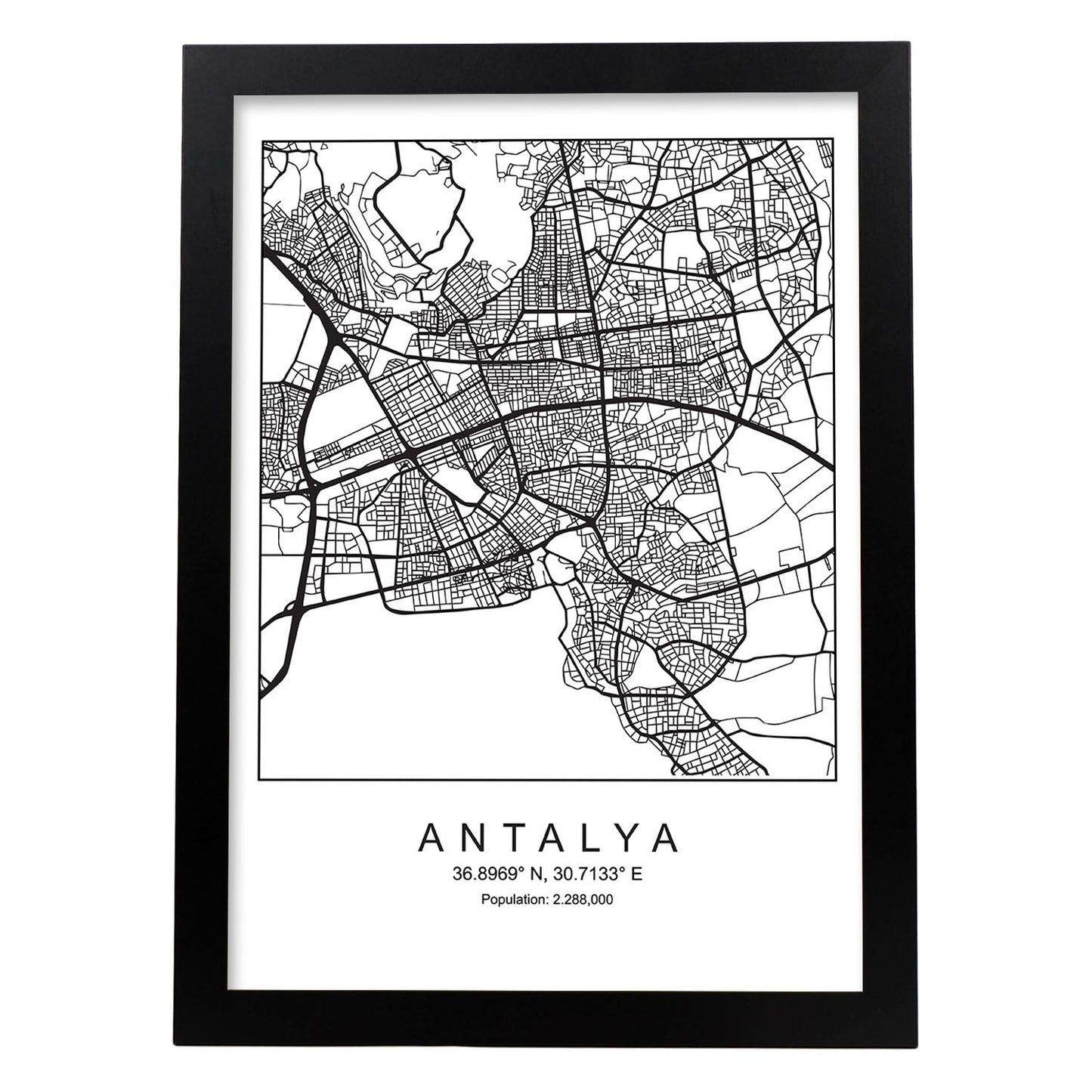 Lámina mapa de la ciudad Antalya estilo nordico en blanco y negro.-Artwork-Nacnic-A3-Marco Negro-Nacnic Estudio SL