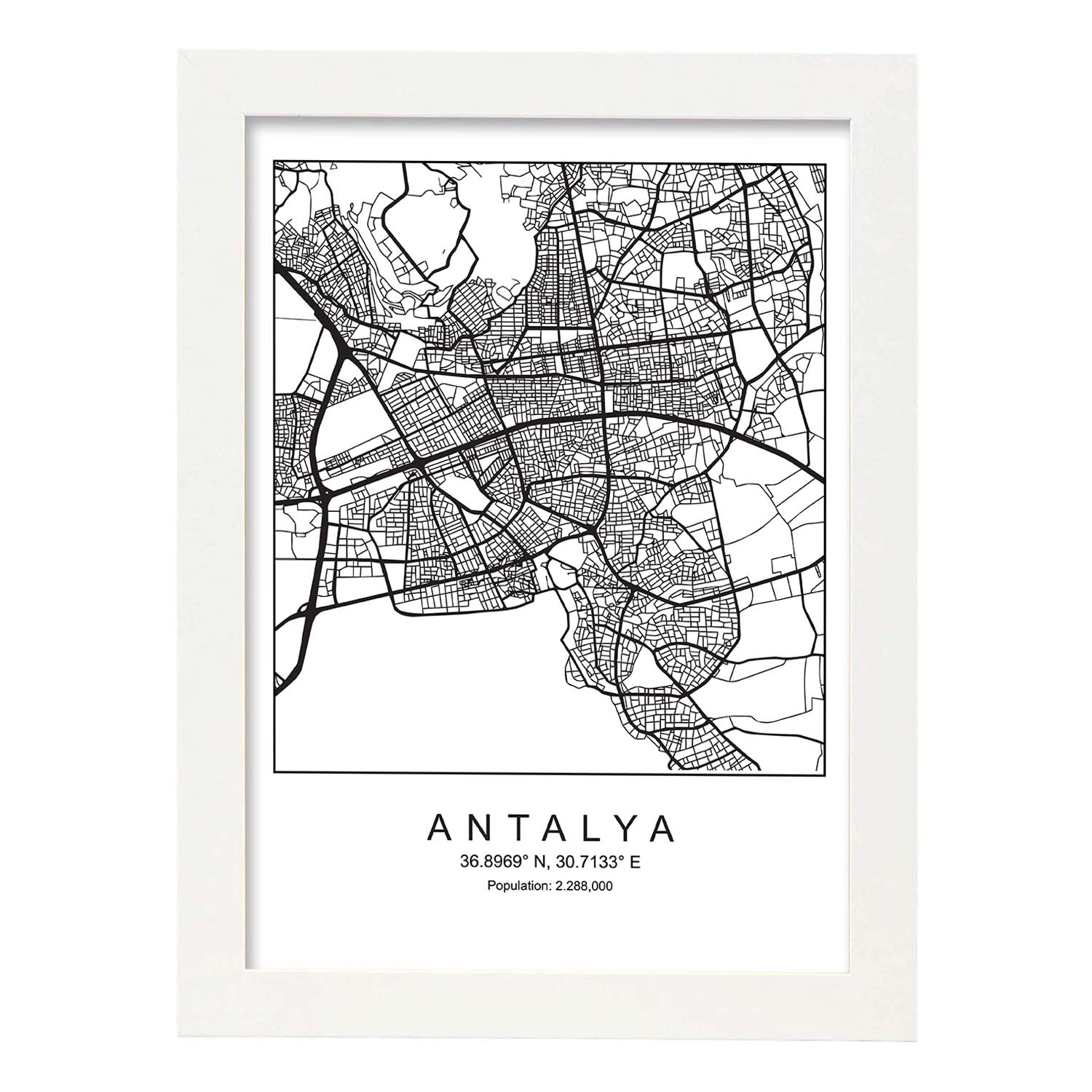 Lámina mapa de la ciudad Antalya estilo nordico en blanco y negro.-Artwork-Nacnic-A4-Marco Blanco-Nacnic Estudio SL