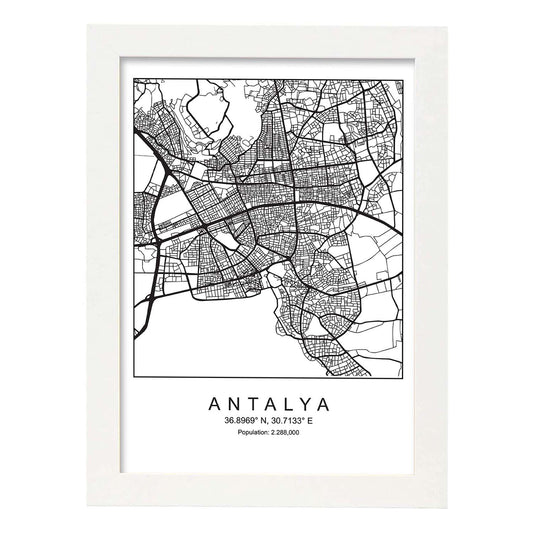 Lámina mapa de la ciudad Antalya estilo nordico en blanco y negro.-Artwork-Nacnic-A4-Marco Blanco-Nacnic Estudio SL