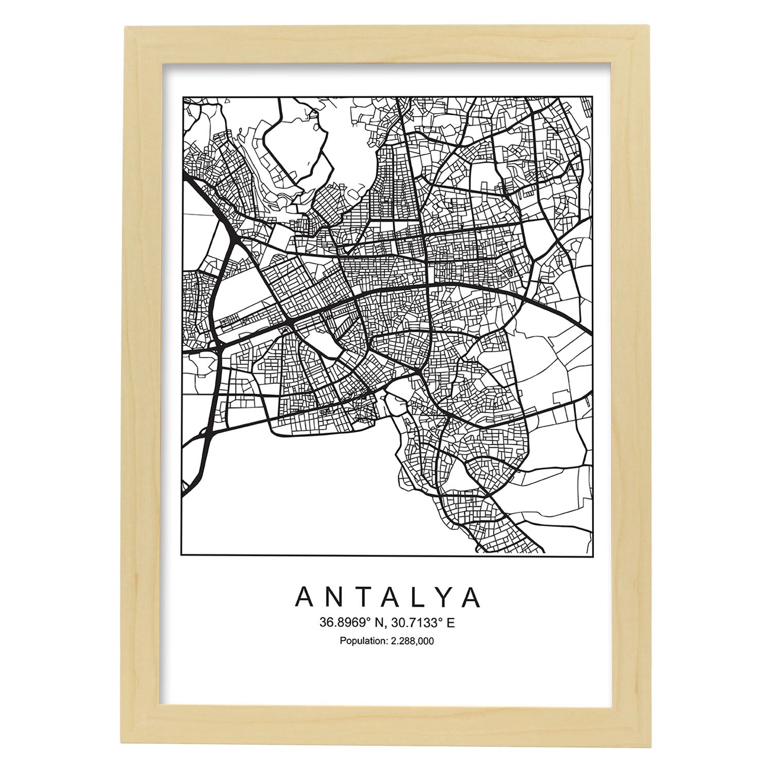Lámina mapa de la ciudad Antalya estilo nordico en blanco y negro.-Artwork-Nacnic-A4-Marco Madera clara-Nacnic Estudio SL