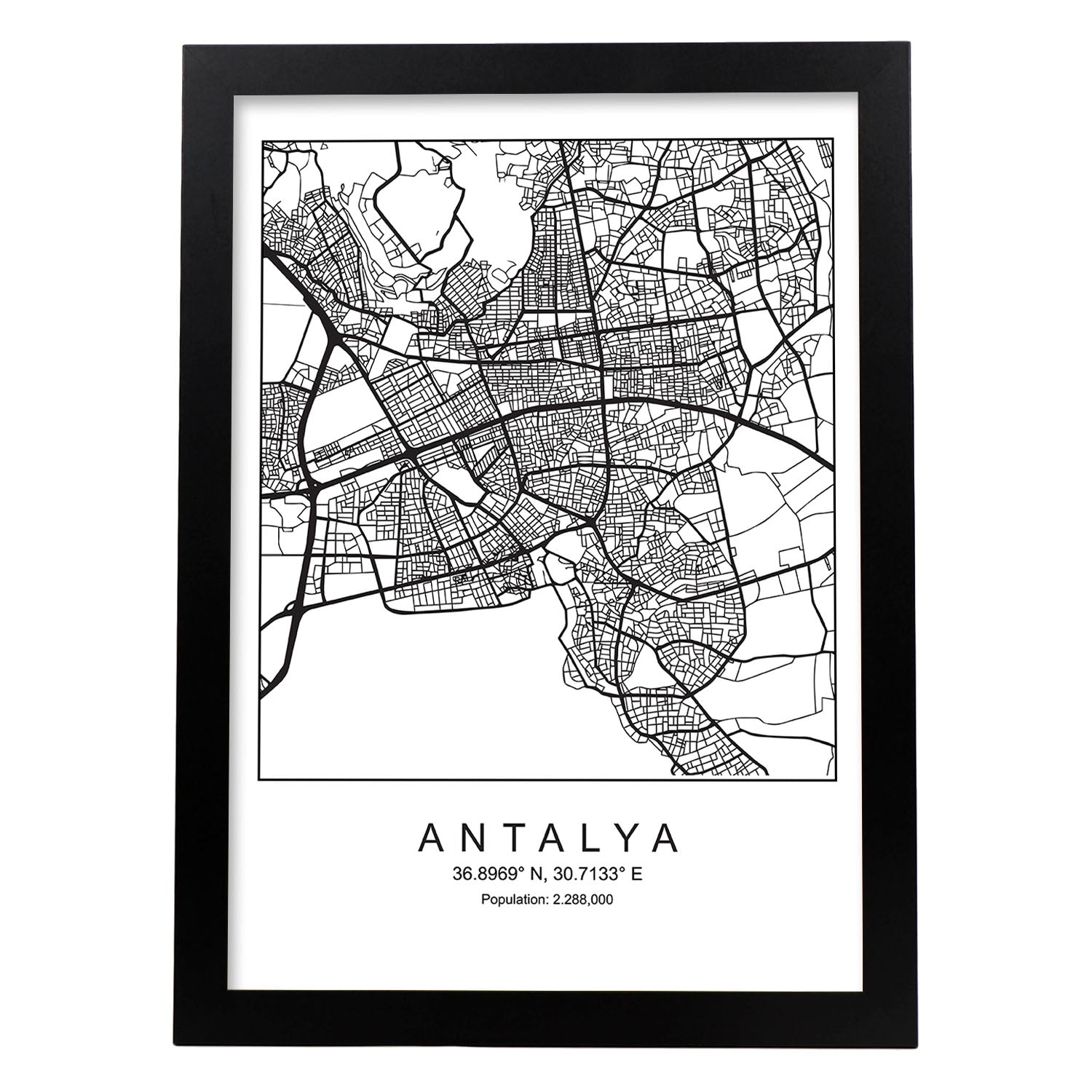 Lámina mapa de la ciudad Antalya estilo nordico en blanco y negro.-Artwork-Nacnic-A4-Marco Negro-Nacnic Estudio SL