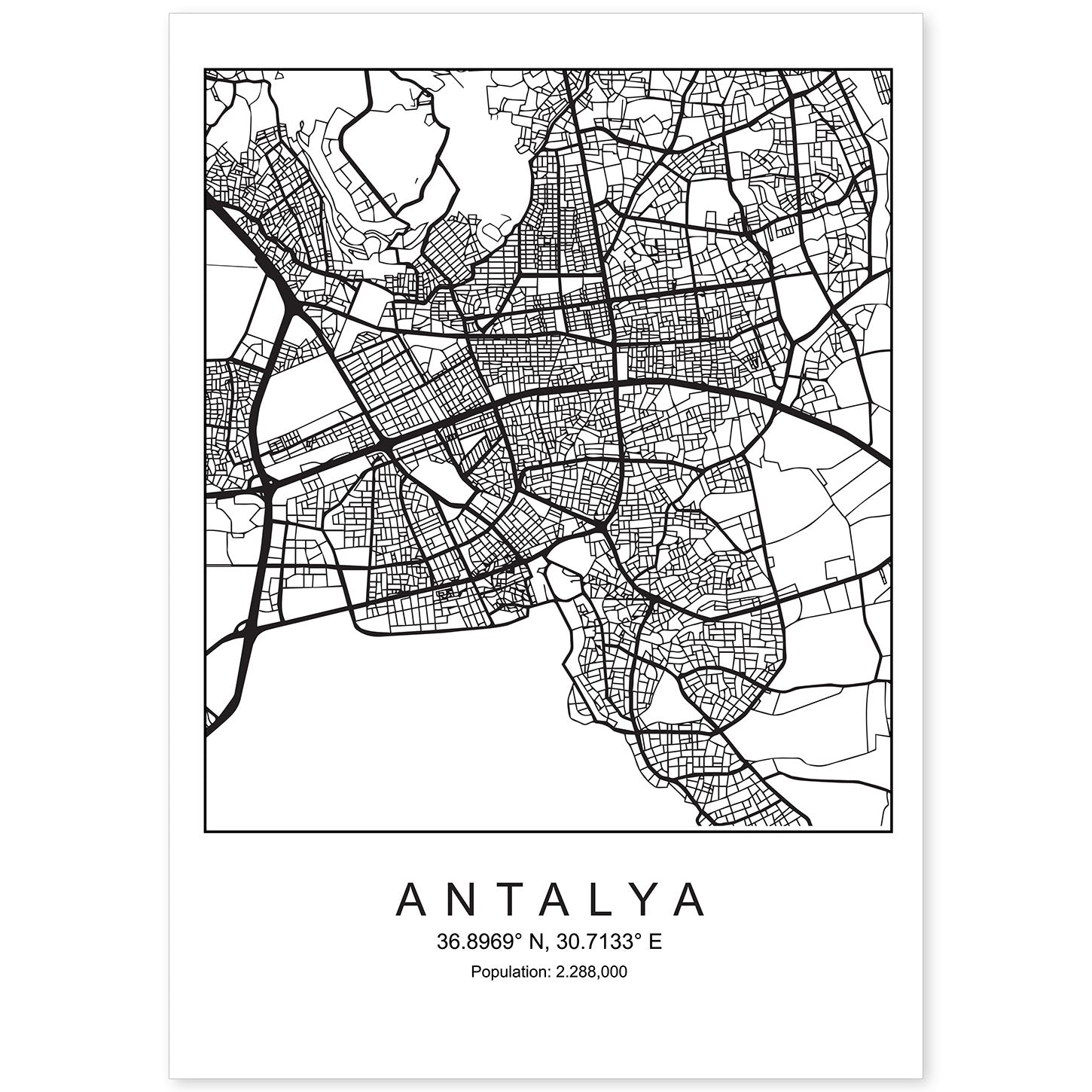 Lámina mapa de la ciudad Antalya estilo nordico en blanco y negro.-Artwork-Nacnic-A4-Sin marco-Nacnic Estudio SL