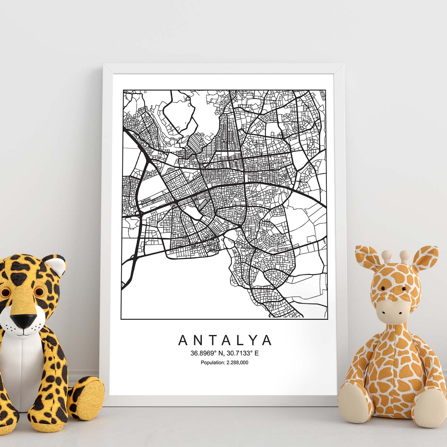 Lámina mapa de la ciudad Antalya estilo nordico en blanco y negro.-Artwork-Nacnic-Nacnic Estudio SL