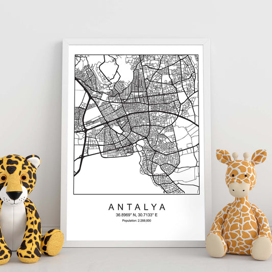 Lámina mapa de la ciudad Antalya estilo nordico en blanco y negro.-Artwork-Nacnic-Nacnic Estudio SL