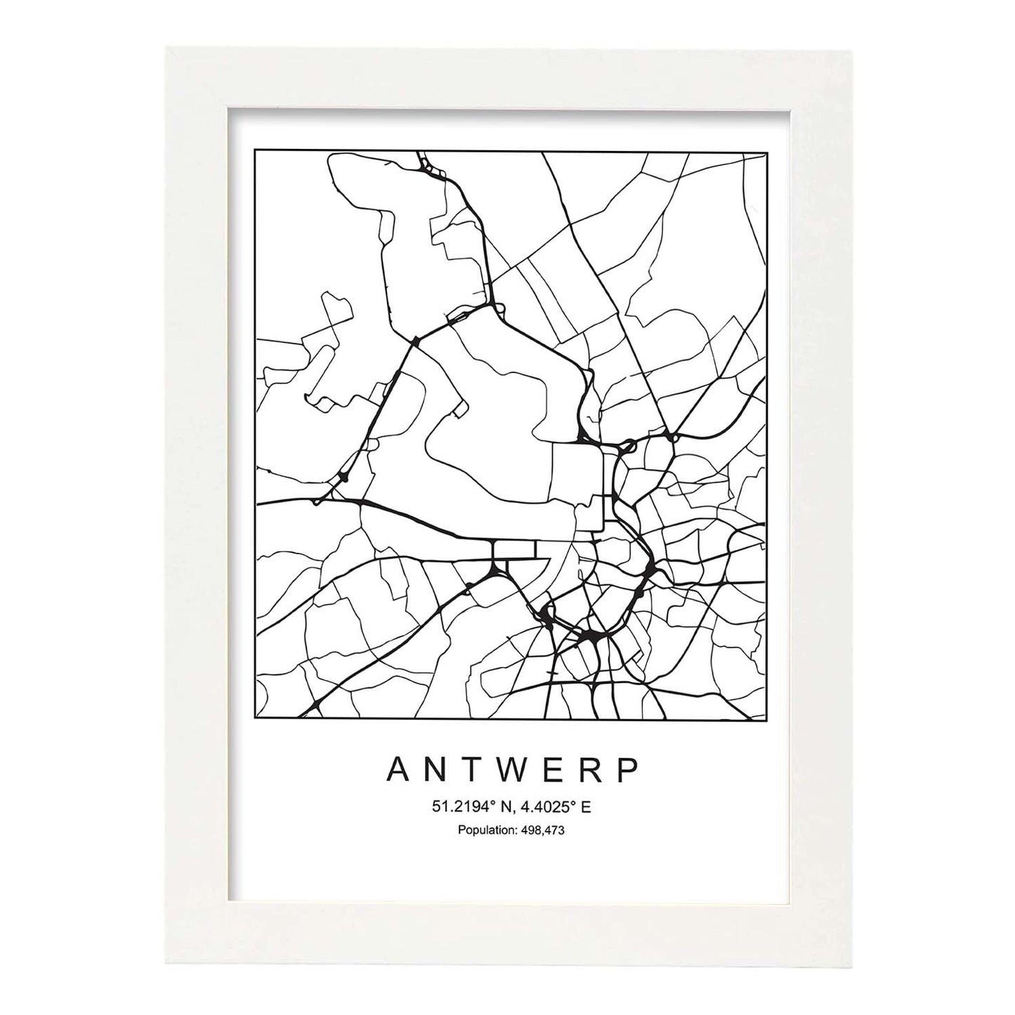 Lámina mapa de la ciudad Antwerp estilo nordico en blanco y negro.-Artwork-Nacnic-A3-Marco Blanco-Nacnic Estudio SL