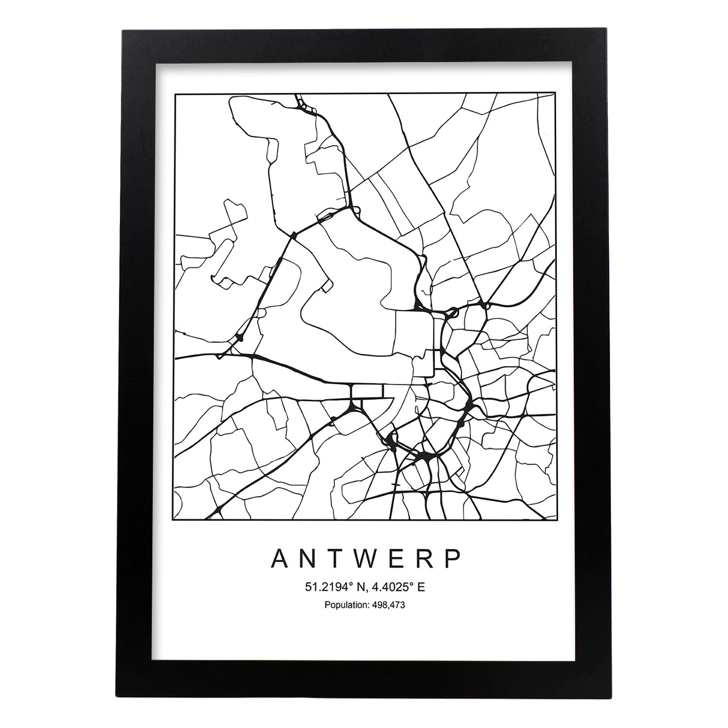 Lámina mapa de la ciudad Antwerp estilo nordico en blanco y negro.-Artwork-Nacnic-A3-Marco Negro-Nacnic Estudio SL