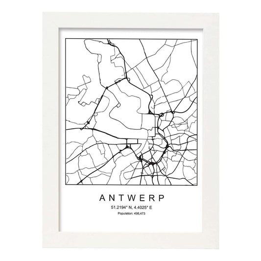 Lámina mapa de la ciudad Antwerp estilo nordico en blanco y negro.-Artwork-Nacnic-A4-Marco Blanco-Nacnic Estudio SL