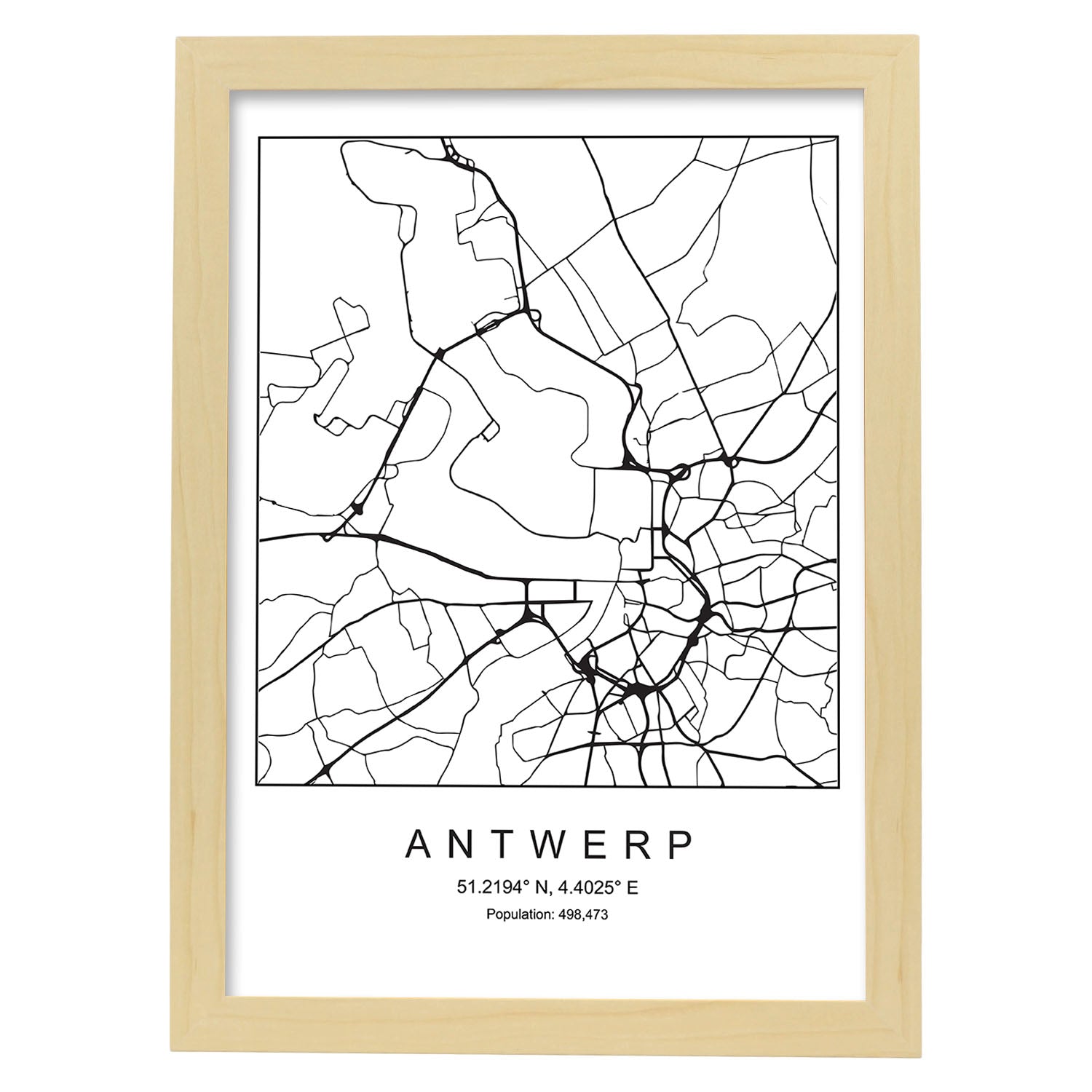 Lámina mapa de la ciudad Antwerp estilo nordico en blanco y negro.-Artwork-Nacnic-A4-Marco Madera clara-Nacnic Estudio SL