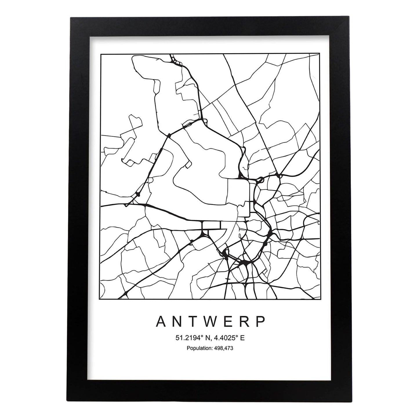 Lámina mapa de la ciudad Antwerp estilo nordico en blanco y negro.-Artwork-Nacnic-A4-Marco Negro-Nacnic Estudio SL