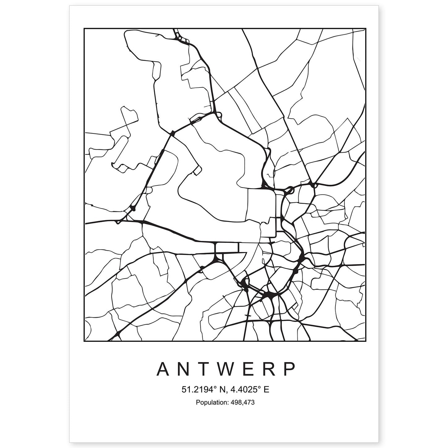 Lámina mapa de la ciudad Antwerp estilo nordico en blanco y negro.-Artwork-Nacnic-A4-Sin marco-Nacnic Estudio SL