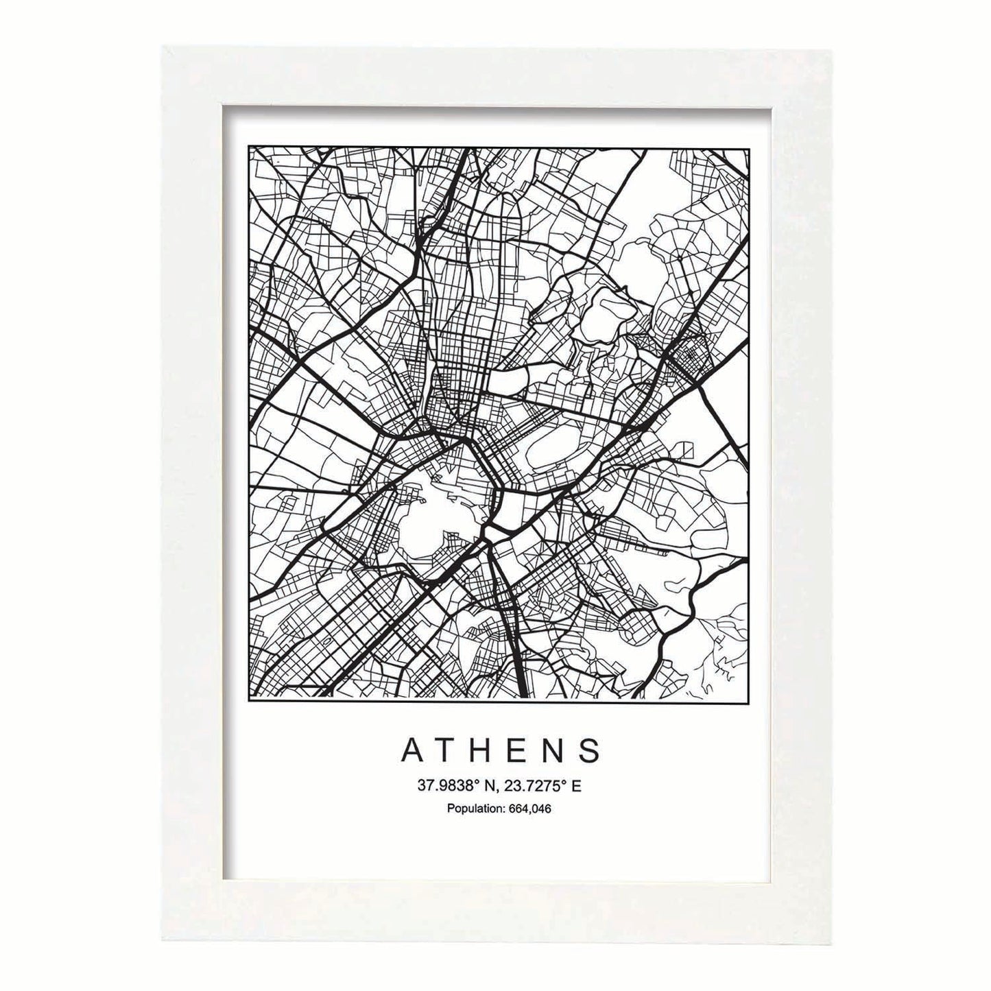 Lámina mapa de la ciudad Athens estilo nordico en blanco y negro.-Artwork-Nacnic-A3-Marco Blanco-Nacnic Estudio SL
