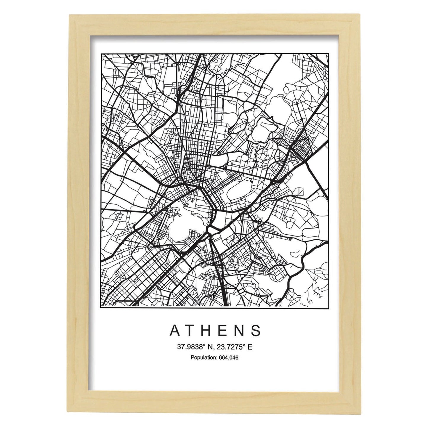 Lámina mapa de la ciudad Athens estilo nordico en blanco y negro.-Artwork-Nacnic-A3-Marco Madera clara-Nacnic Estudio SL