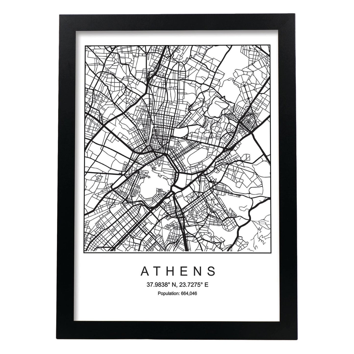 Lámina mapa de la ciudad Athens estilo nordico en blanco y negro.-Artwork-Nacnic-A3-Marco Negro-Nacnic Estudio SL