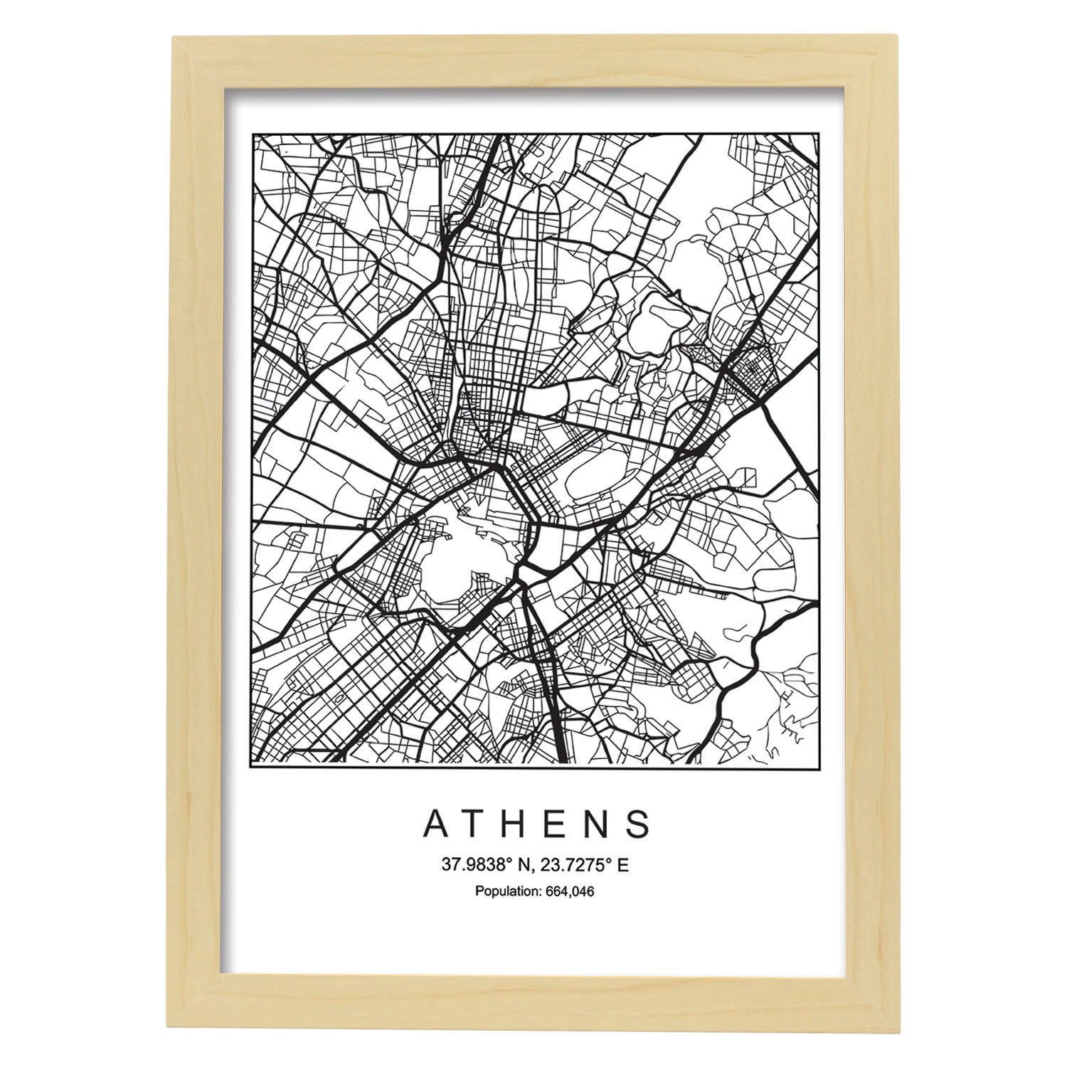 Lámina mapa de la ciudad Athens estilo nordico en blanco y negro.-Artwork-Nacnic-A4-Marco Madera clara-Nacnic Estudio SL
