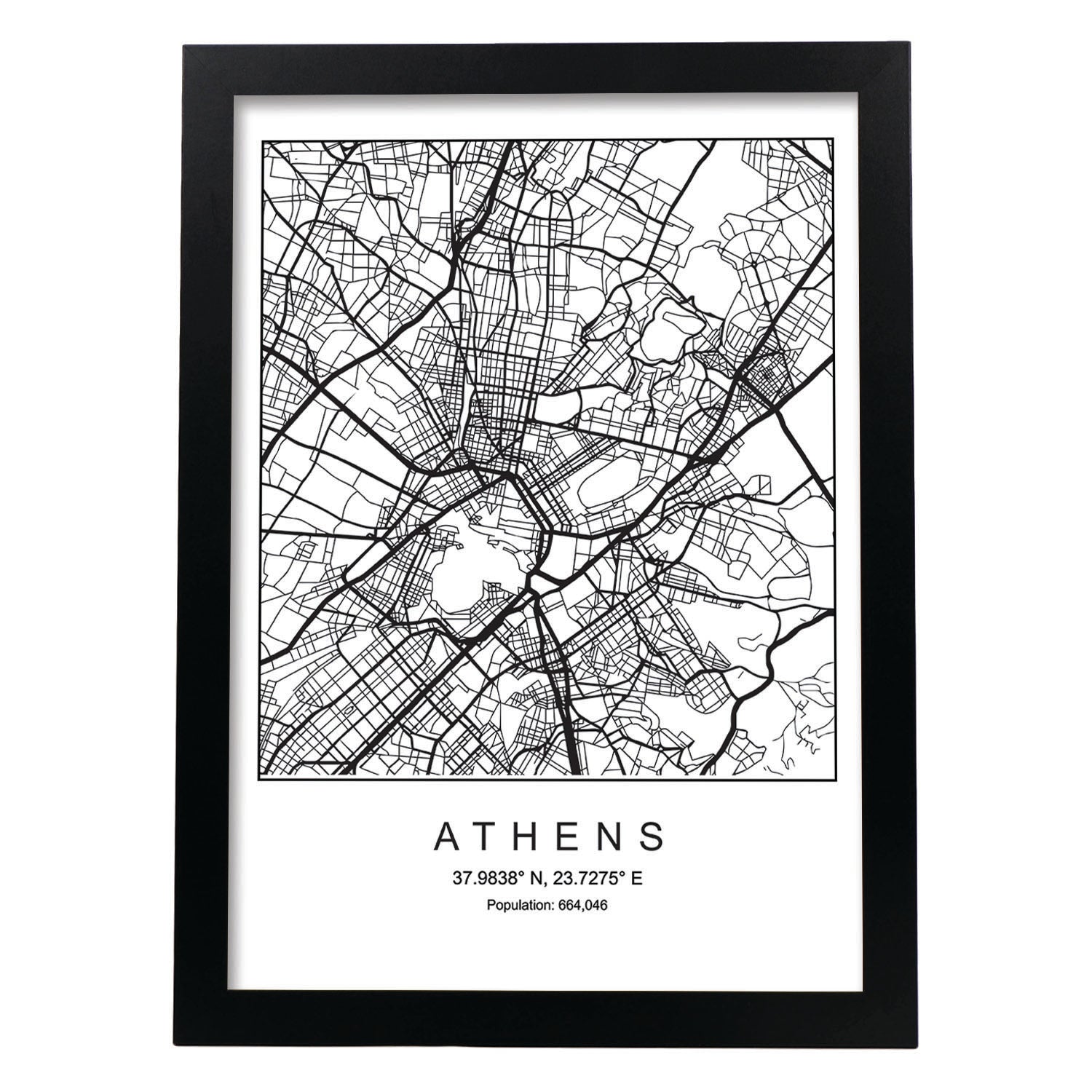 Lámina mapa de la ciudad Athens estilo nordico en blanco y negro.-Artwork-Nacnic-A4-Marco Negro-Nacnic Estudio SL