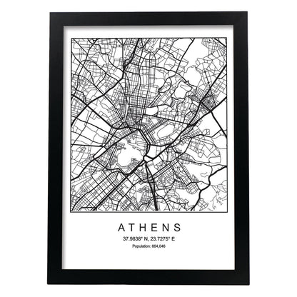 Lámina mapa de la ciudad Athens estilo nordico en blanco y negro.-Artwork-Nacnic-A4-Marco Negro-Nacnic Estudio SL