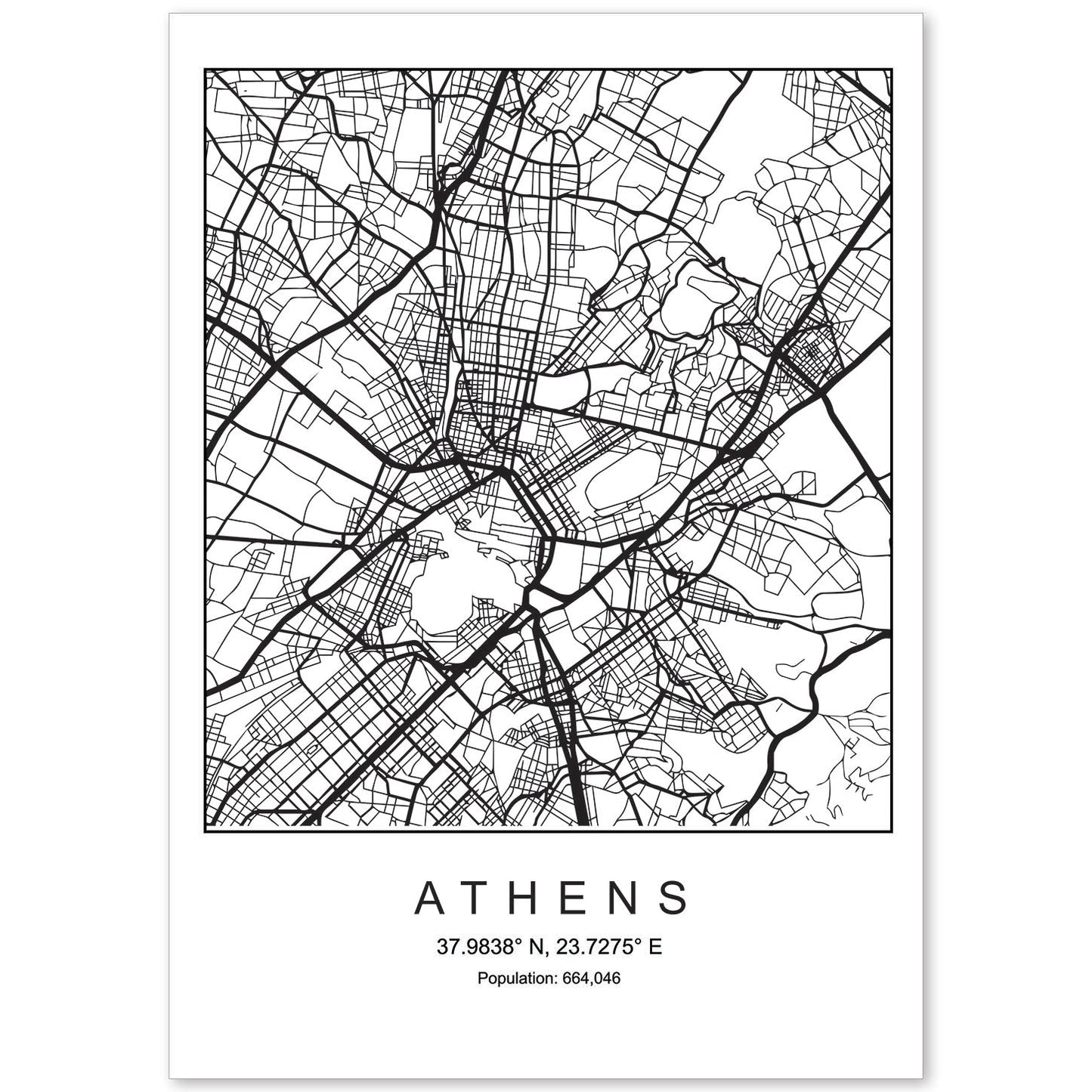 Lámina mapa de la ciudad Athens estilo nordico en blanco y negro.-Artwork-Nacnic-A4-Sin marco-Nacnic Estudio SL