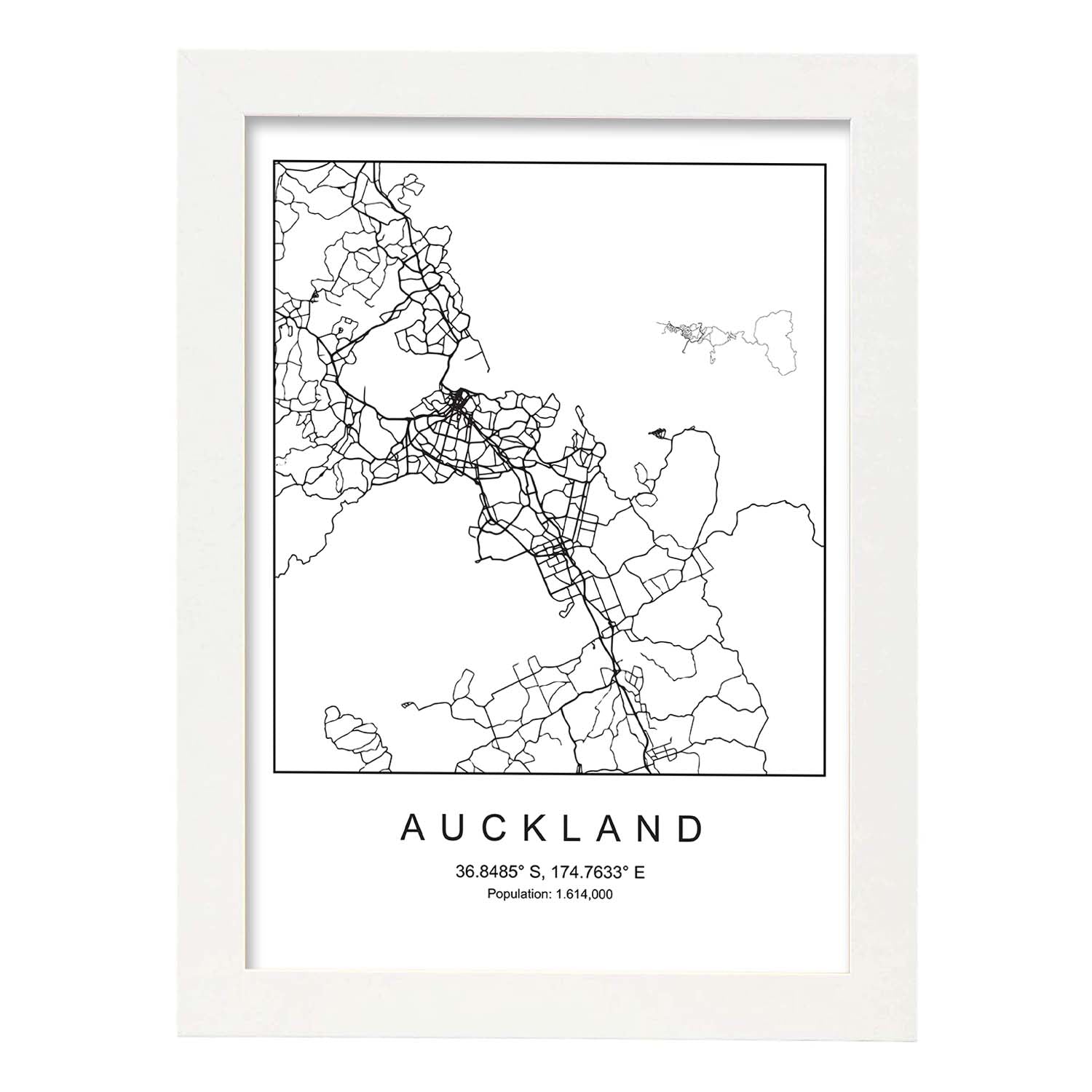 Lámina mapa de la ciudad Auckland estilo nordico en blanco y negro.-Artwork-Nacnic-A3-Marco Blanco-Nacnic Estudio SL