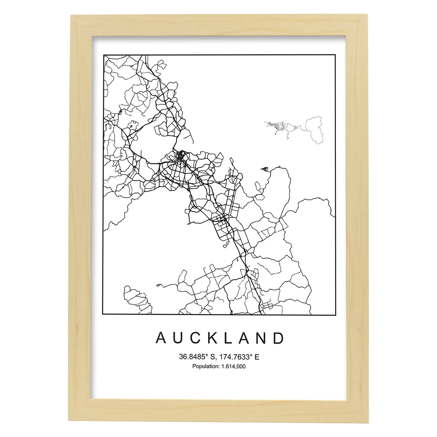 Lámina mapa de la ciudad Auckland estilo nordico en blanco y negro.-Artwork-Nacnic-A3-Marco Madera clara-Nacnic Estudio SL
