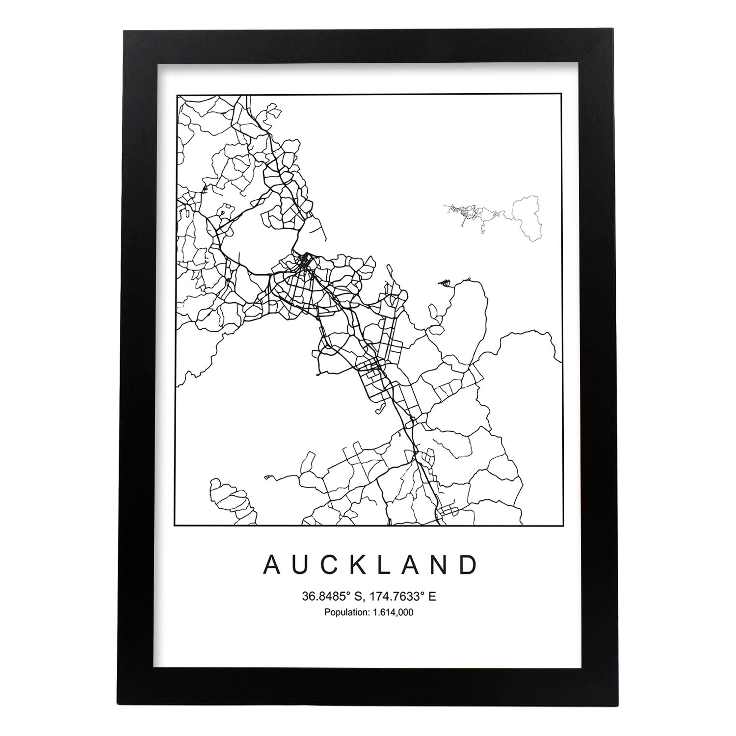 Lámina mapa de la ciudad Auckland estilo nordico en blanco y negro.-Artwork-Nacnic-A3-Marco Negro-Nacnic Estudio SL