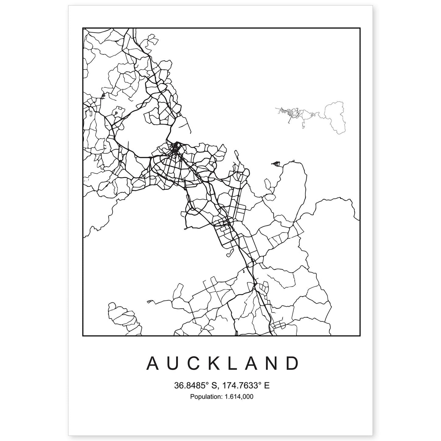 Lámina mapa de la ciudad Auckland estilo nordico en blanco y negro.-Artwork-Nacnic-A4-Sin marco-Nacnic Estudio SL