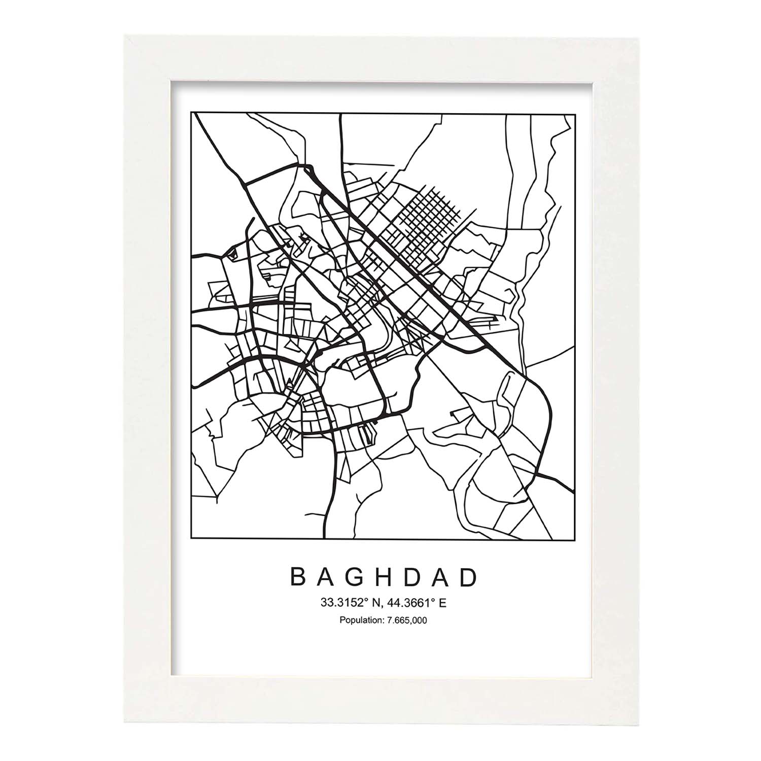 Lámina mapa de la ciudad Baghdad estilo nordico en blanco y negro.-Artwork-Nacnic-A3-Marco Blanco-Nacnic Estudio SL