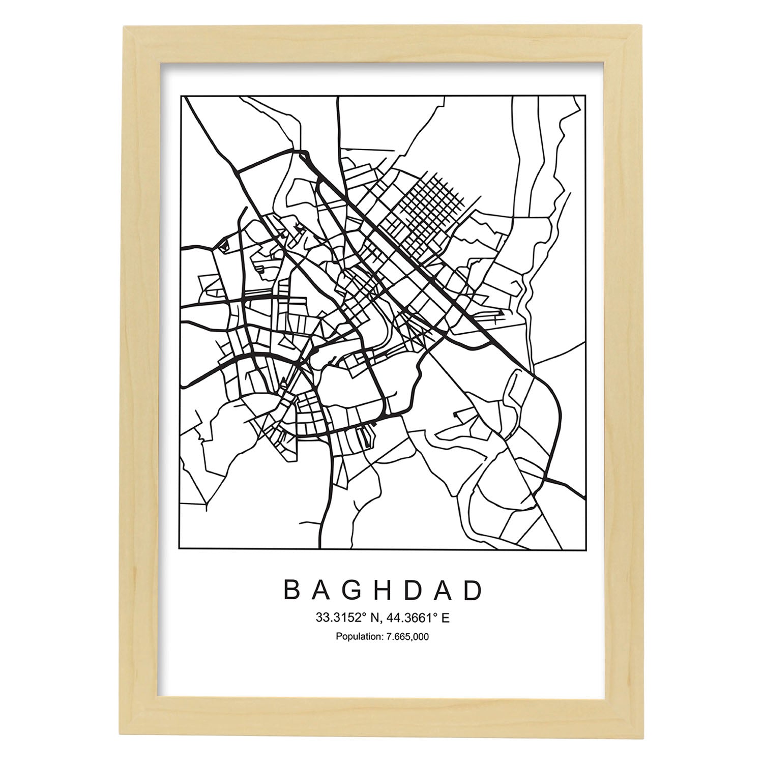 Lámina mapa de la ciudad Baghdad estilo nordico en blanco y negro.-Artwork-Nacnic-A3-Marco Madera clara-Nacnic Estudio SL