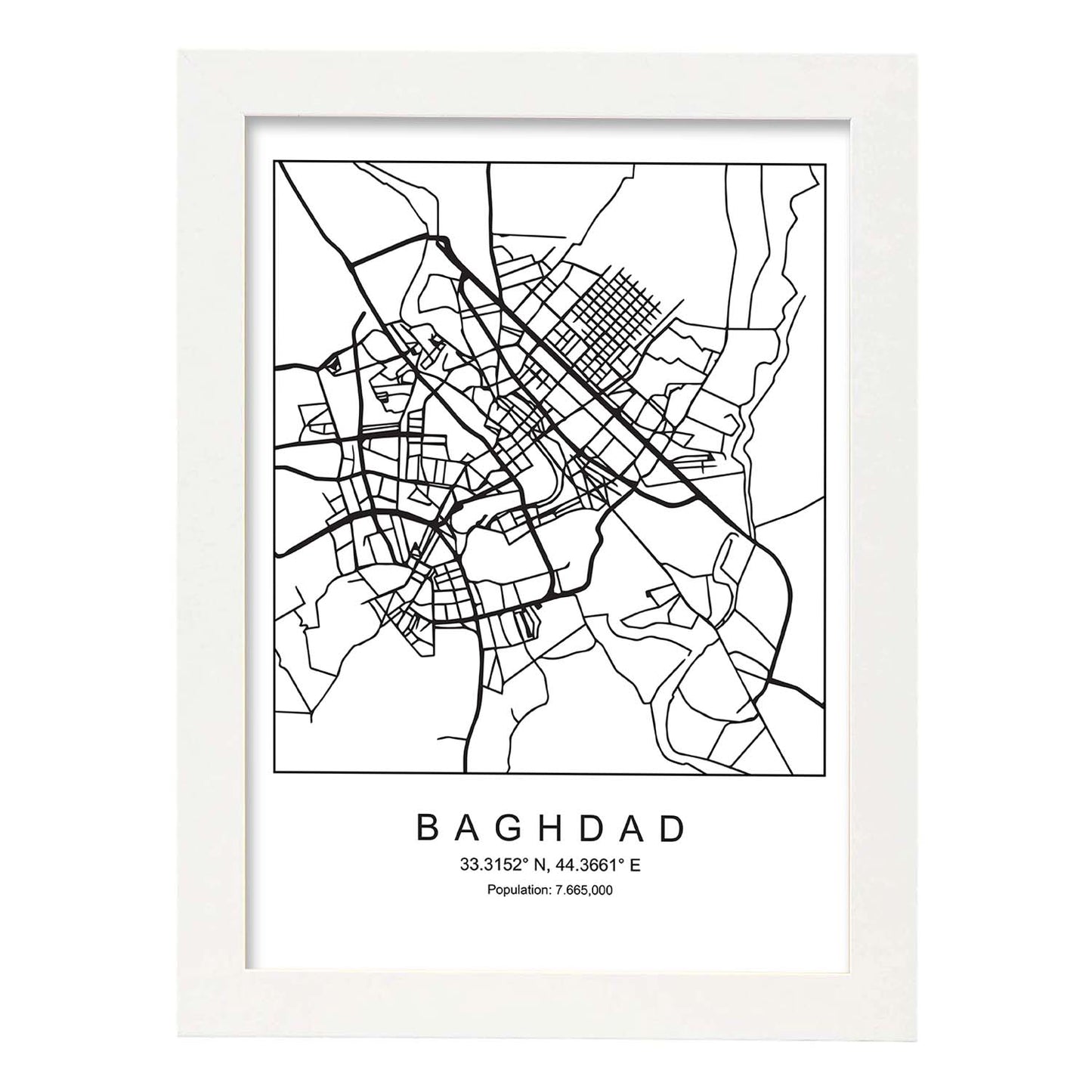 Lámina mapa de la ciudad Baghdad estilo nordico en blanco y negro.-Artwork-Nacnic-A4-Marco Blanco-Nacnic Estudio SL