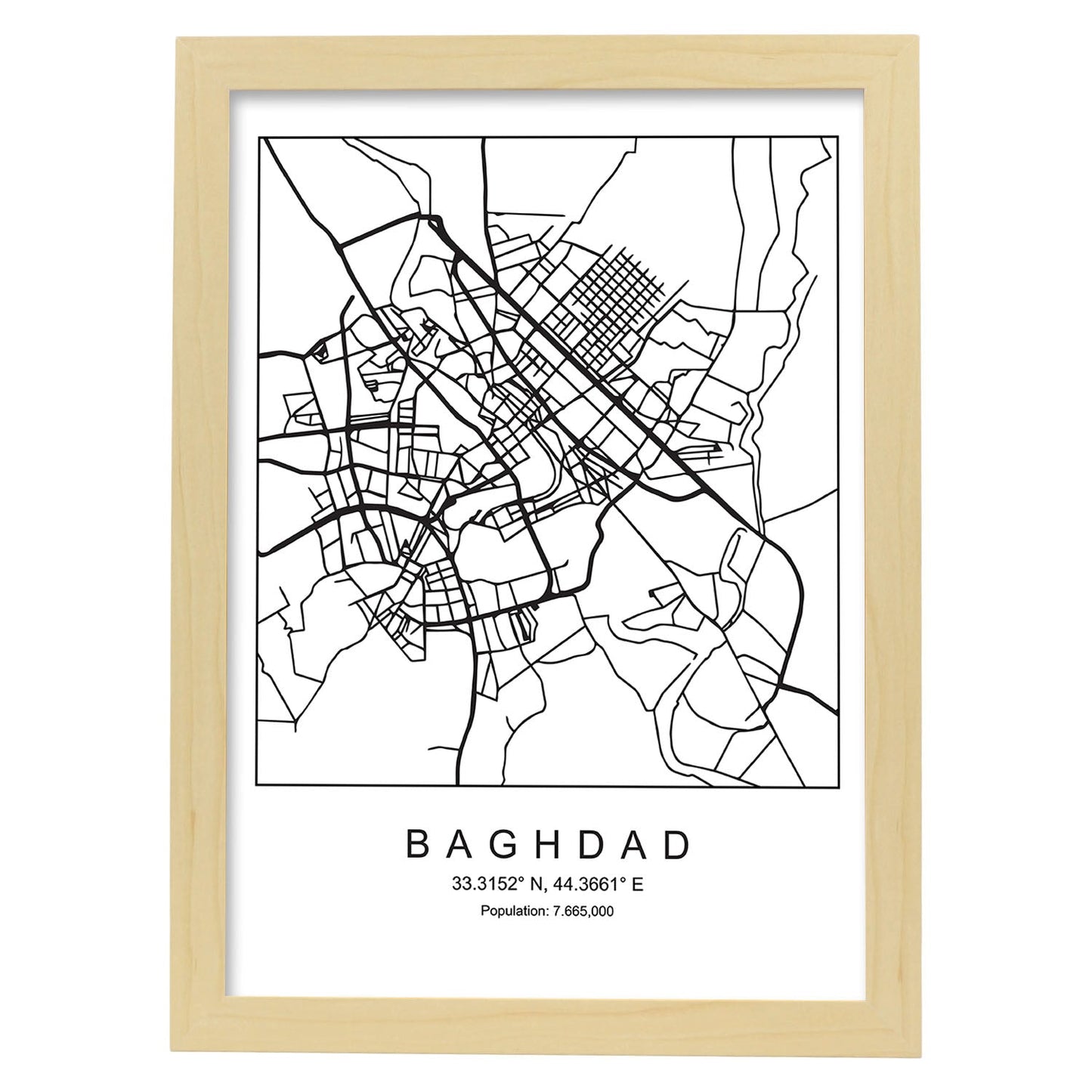 Lámina mapa de la ciudad Baghdad estilo nordico en blanco y negro.-Artwork-Nacnic-A4-Marco Madera clara-Nacnic Estudio SL