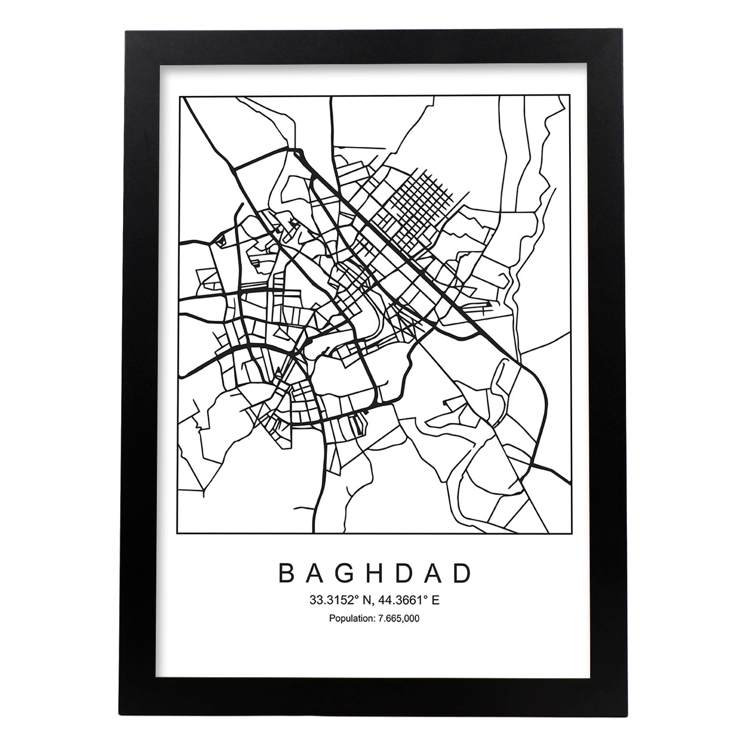 Lámina mapa de la ciudad Baghdad estilo nordico en blanco y negro.-Artwork-Nacnic-A4-Marco Negro-Nacnic Estudio SL