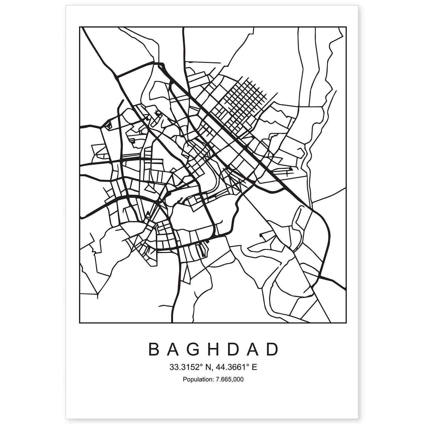 Lámina mapa de la ciudad Baghdad estilo nordico en blanco y negro.-Artwork-Nacnic-A4-Sin marco-Nacnic Estudio SL
