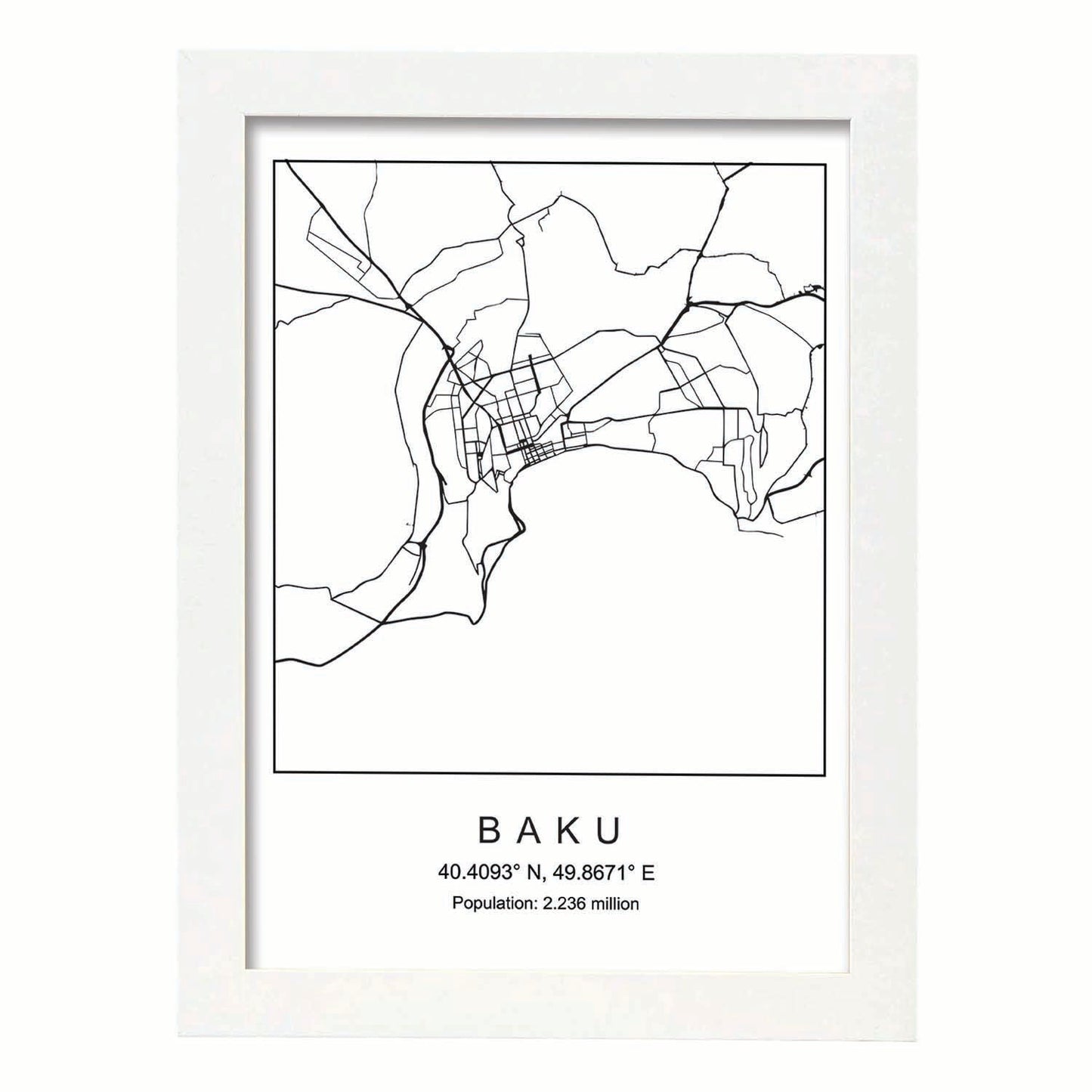 Lámina mapa de la ciudad Baku estilo nordico en blanco y negro.-Artwork-Nacnic-A3-Marco Blanco-Nacnic Estudio SL