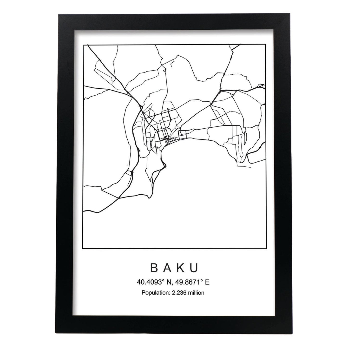 Lámina mapa de la ciudad Baku estilo nordico en blanco y negro.-Artwork-Nacnic-A3-Marco Negro-Nacnic Estudio SL