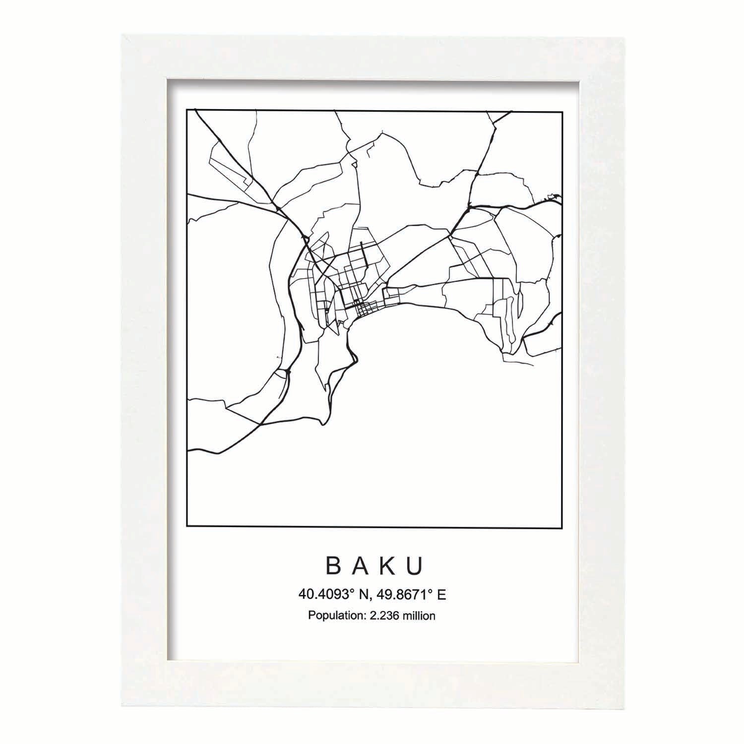 Lámina mapa de la ciudad Baku estilo nordico en blanco y negro.-Artwork-Nacnic-A4-Marco Blanco-Nacnic Estudio SL