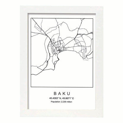 Lámina mapa de la ciudad Baku estilo nordico en blanco y negro.-Artwork-Nacnic-A4-Marco Blanco-Nacnic Estudio SL