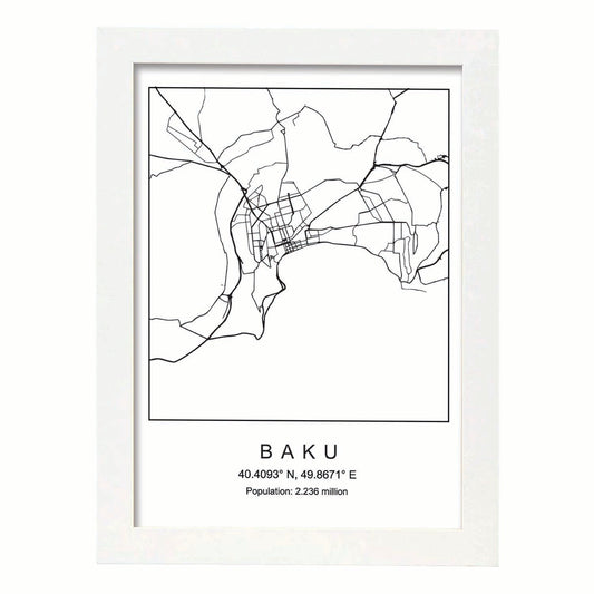 Lámina mapa de la ciudad Baku estilo nordico en blanco y negro.-Artwork-Nacnic-A4-Marco Blanco-Nacnic Estudio SL