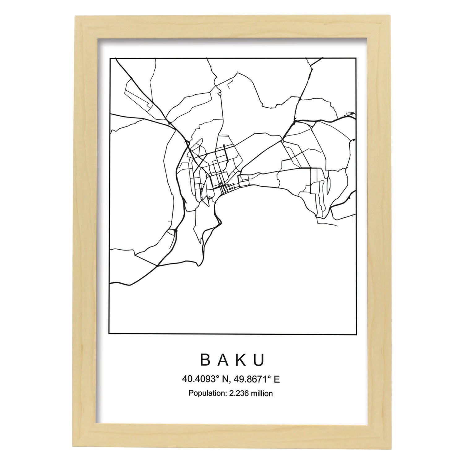 Lámina mapa de la ciudad Baku estilo nordico en blanco y negro.-Artwork-Nacnic-A4-Marco Madera clara-Nacnic Estudio SL