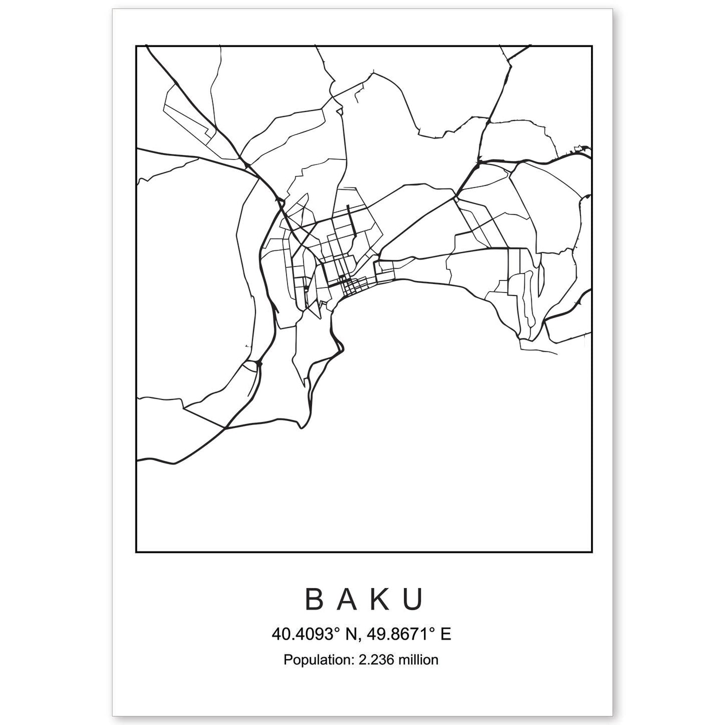 Lámina mapa de la ciudad Baku estilo nordico en blanco y negro.-Artwork-Nacnic-A4-Sin marco-Nacnic Estudio SL