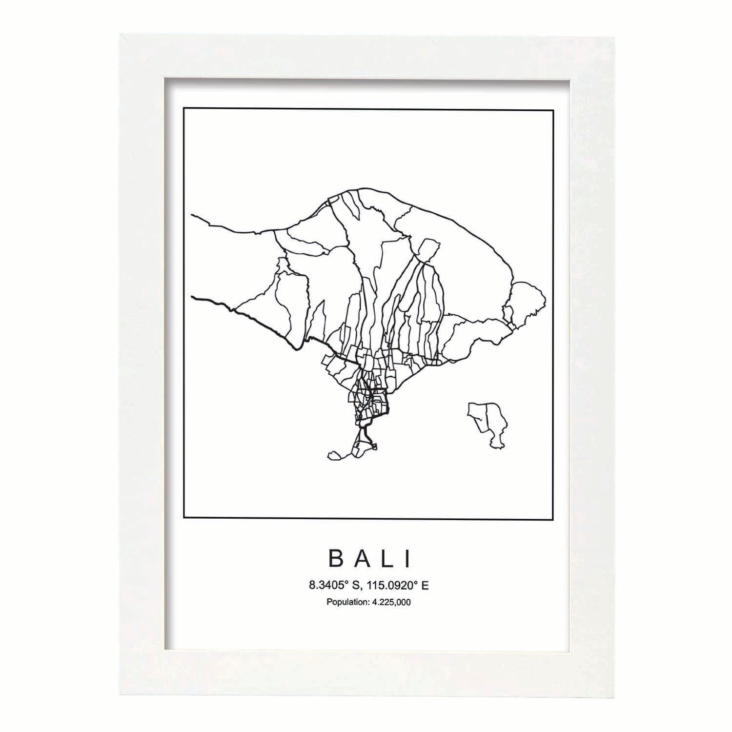 Lámina mapa de la ciudad Bali estilo nordico en blanco y negro.-Artwork-Nacnic-A3-Marco Blanco-Nacnic Estudio SL