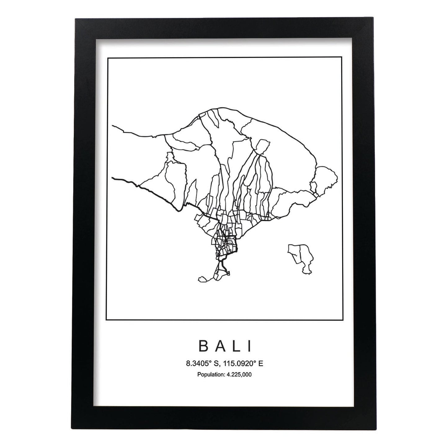 Lámina mapa de la ciudad Bali estilo nordico en blanco y negro.-Artwork-Nacnic-A3-Marco Negro-Nacnic Estudio SL