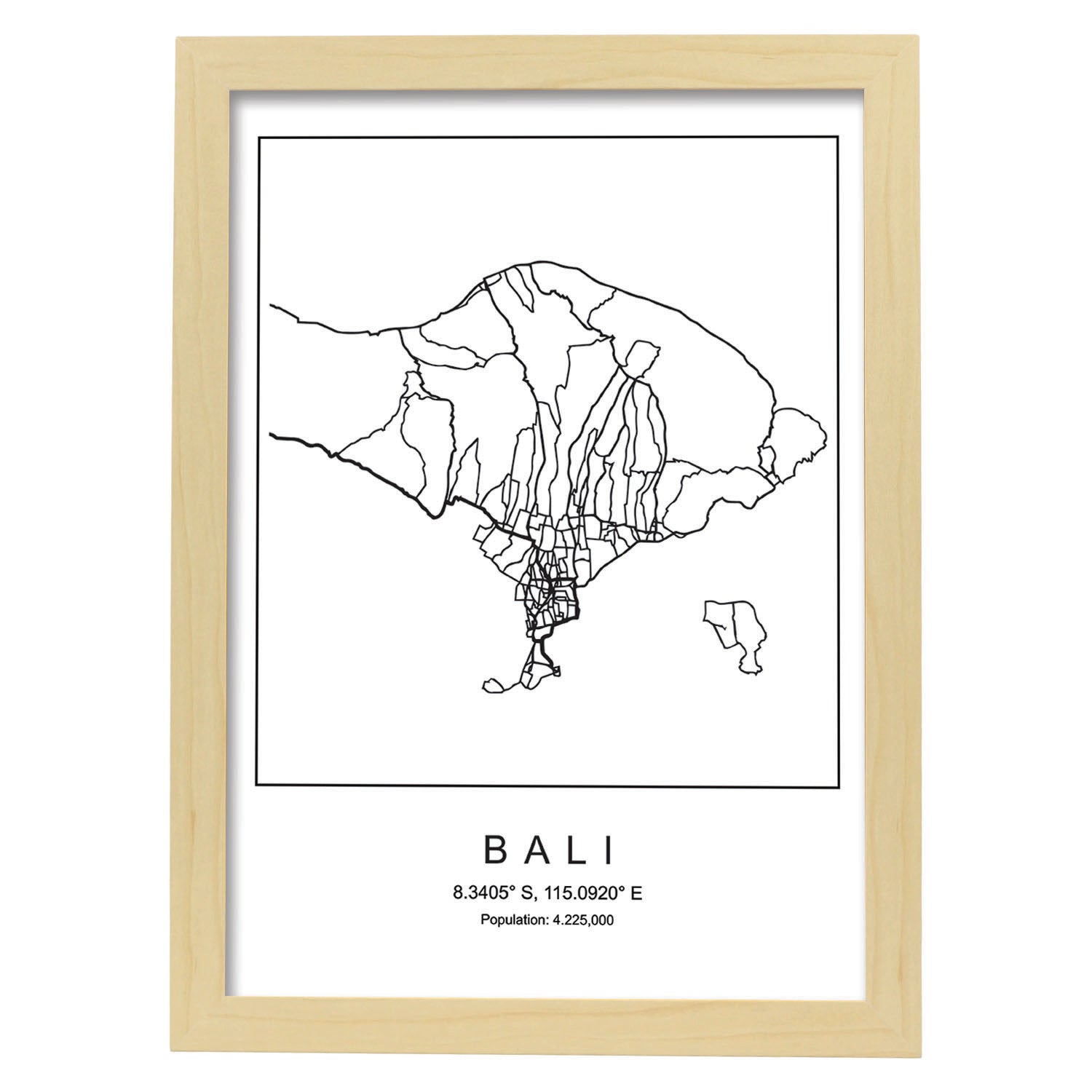 Lámina mapa de la ciudad Bali estilo nordico en blanco y negro.-Artwork-Nacnic-A4-Marco Madera clara-Nacnic Estudio SL