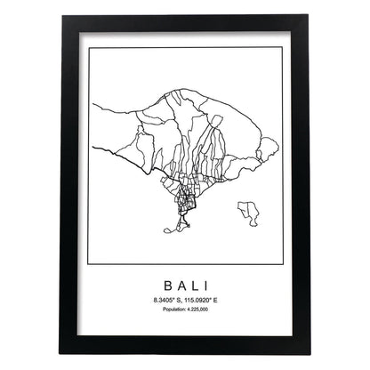 Lámina mapa de la ciudad Bali estilo nordico en blanco y negro.-Artwork-Nacnic-A4-Marco Negro-Nacnic Estudio SL