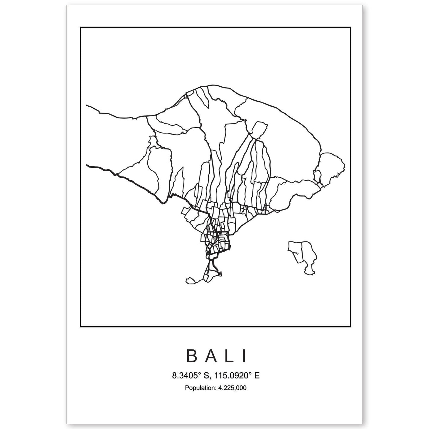 Lámina mapa de la ciudad Bali estilo nordico en blanco y negro.-Artwork-Nacnic-A4-Sin marco-Nacnic Estudio SL