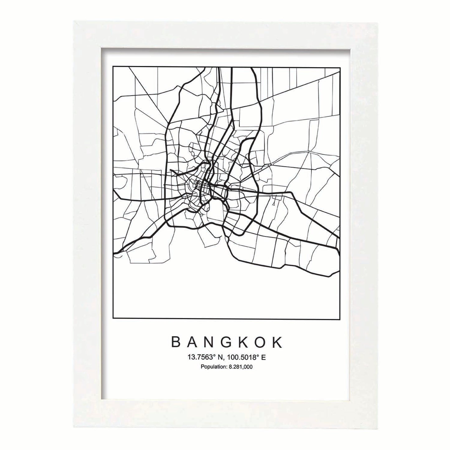 Lámina mapa de la ciudad Bangkok estilo nordico en blanco y negro.-Artwork-Nacnic-A3-Marco Blanco-Nacnic Estudio SL