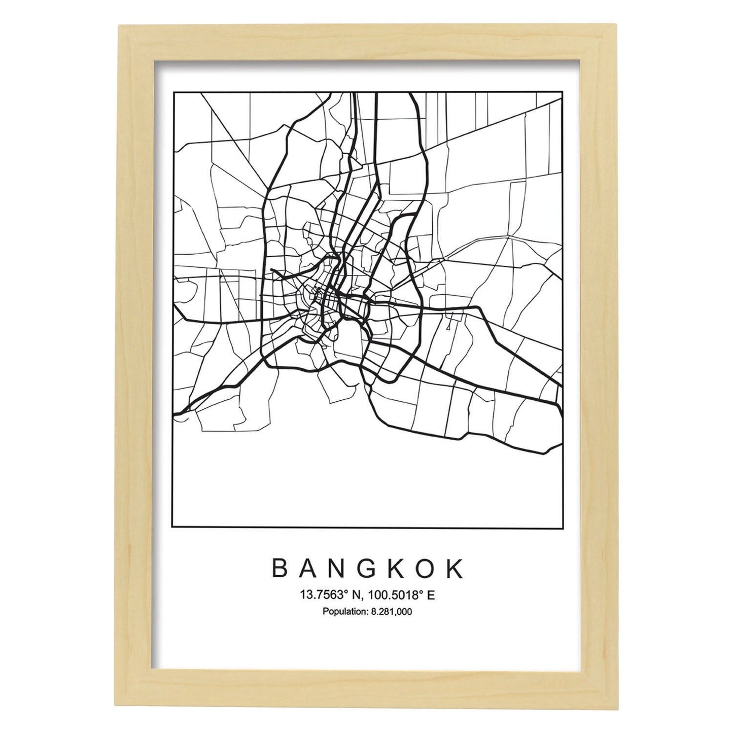 Lámina mapa de la ciudad Bangkok estilo nordico en blanco y negro.-Artwork-Nacnic-A3-Marco Madera clara-Nacnic Estudio SL