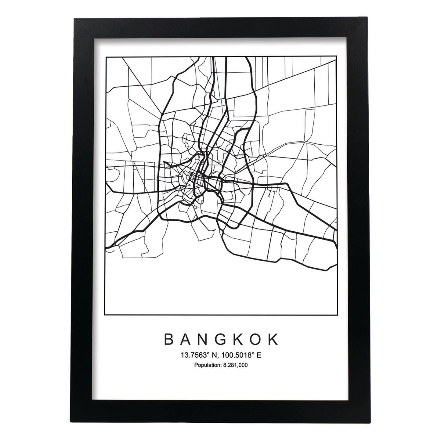Lámina mapa de la ciudad Bangkok estilo nordico en blanco y negro.-Artwork-Nacnic-A3-Marco Negro-Nacnic Estudio SL