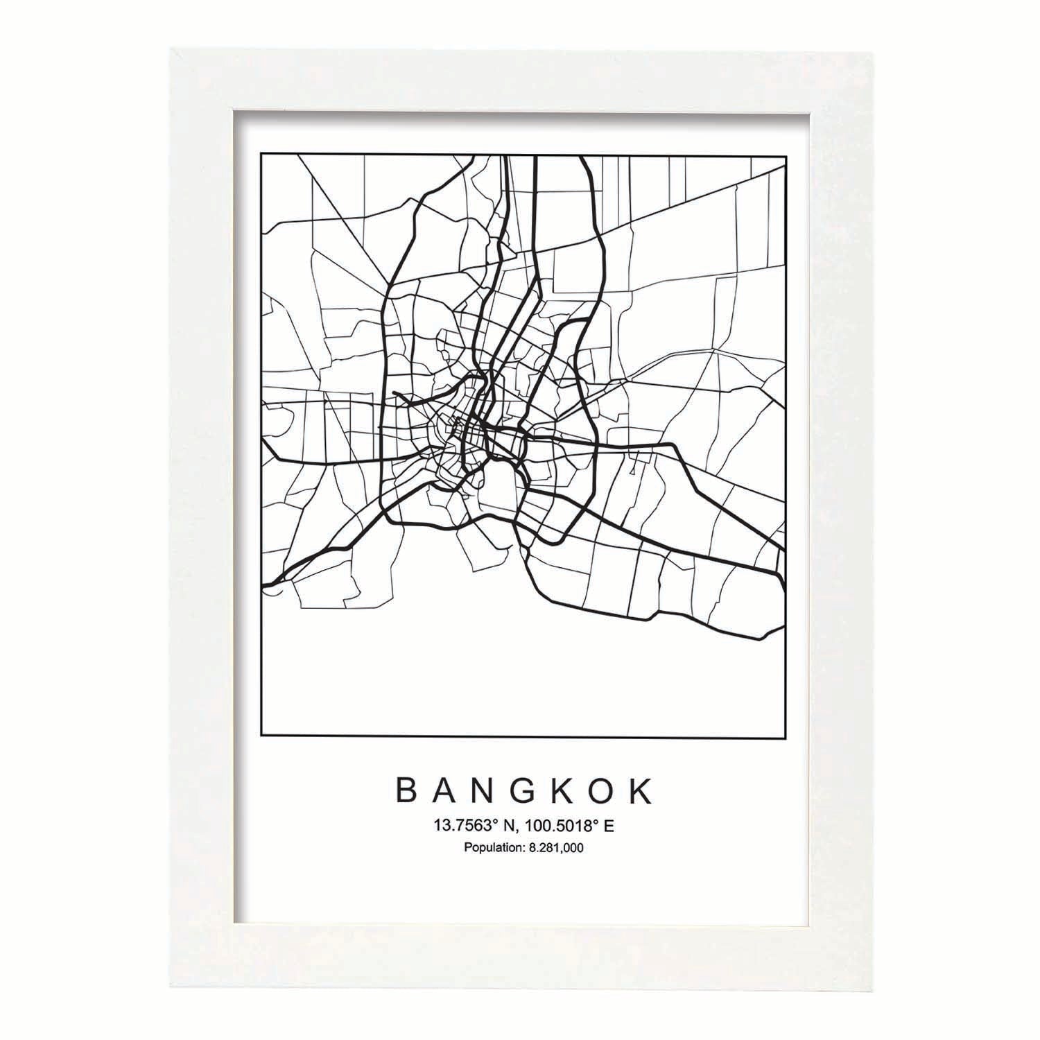 Lámina mapa de la ciudad Bangkok estilo nordico en blanco y negro.-Artwork-Nacnic-A4-Marco Blanco-Nacnic Estudio SL