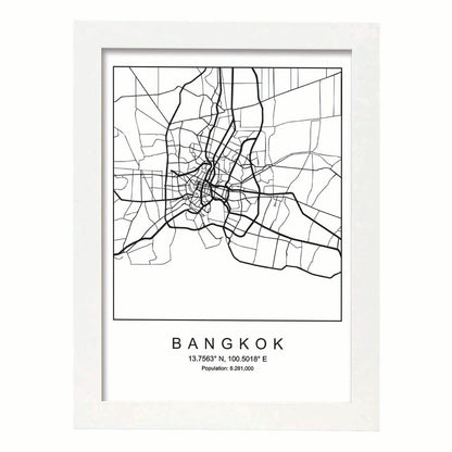 Lámina mapa de la ciudad Bangkok estilo nordico en blanco y negro.-Artwork-Nacnic-A4-Marco Blanco-Nacnic Estudio SL